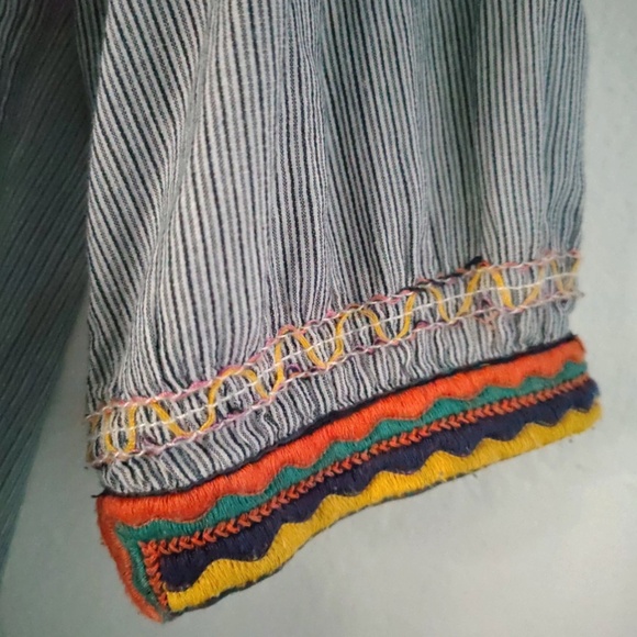 Lucky Brand Blue Striped Embroidered Cotton Top XL Boho Casual Peasant Blouse - Picture 4 of 6
